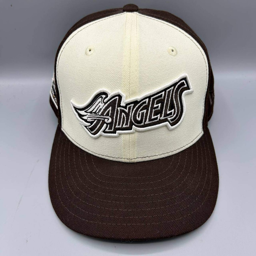Los Angeles LA Angels MLB Hat Men 7 3/8 White Brown 59Fifty New Era Fitted Cap